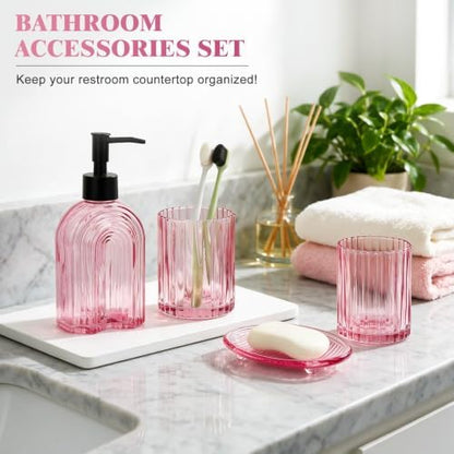 Bathroom Accessories Set, 4Pcs Glass Bathroom Accessories Set Complete, 11.6OZ Lotion Soap Dispenser, Toothbrush Holder, Mouthwash Cup, Soap Dish for Bathroom Decor, Countertop Organizer (Pink)