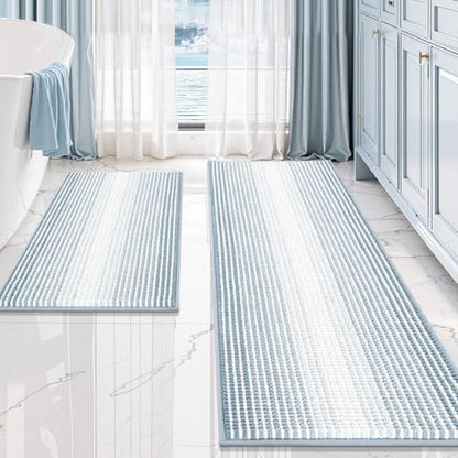 BSICPRO Bathroom Rugs Sets 2 Piece, Non Slip Striped Bath Mats, Ice Blue