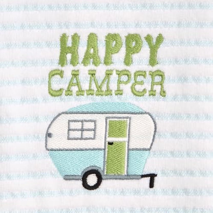 Ritz 2-Piece Cotton Velour Bathroom Hand Towel Set, Embroidered Happy Camper Design, Soft Pinstripe Decorative Bathroom Towels for RV, Cabin, or Home Decor, 16” x 26”