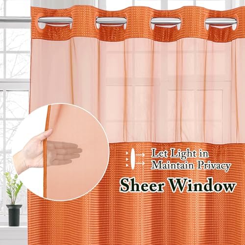 Gibelle No Hook Cloth Burnt Orange Shower Curtain with Liner, 72x74