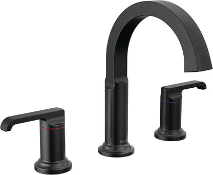 Delta Tetra Matte Black Bathroom Faucet 3 Hole, 8 Inch Widespread Bathroom Sink Faucet for Vanity, Metal Push-Pop Drain Assembly, Matte Black 35588-BL-DST