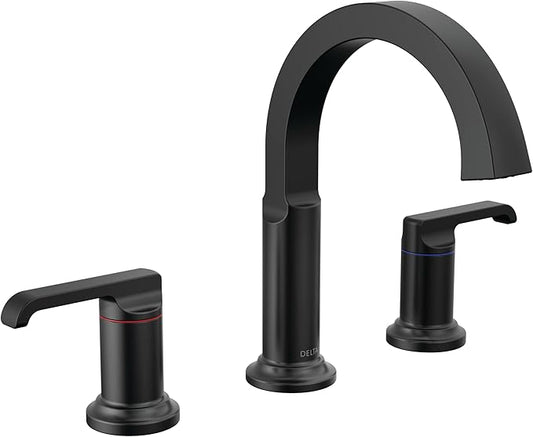 Delta Tetra Matte Black Bathroom Faucet 3 Hole, 8 Inch Widespread Bathroom Sink Faucet for Vanity, Metal Push-Pop Drain Assembly, Matte Black 35588-BL-DST