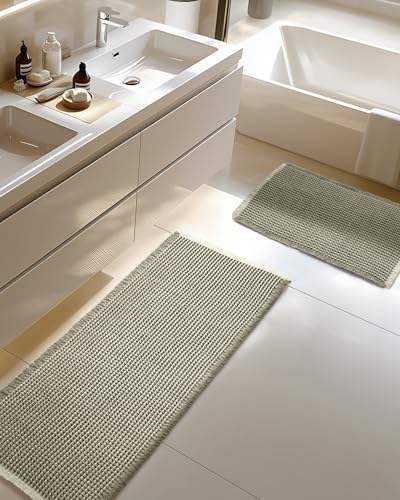Large Waffle Bath Mat Set Non Slip, Ultra Absorbent Bath Mats for Christmas Bathroom Decor, Extra Soft Floor Bathroom Rugs Sets 2 Piece, Washable Bath Rugs Set, Green & White, 20"×47" and 16"×24"