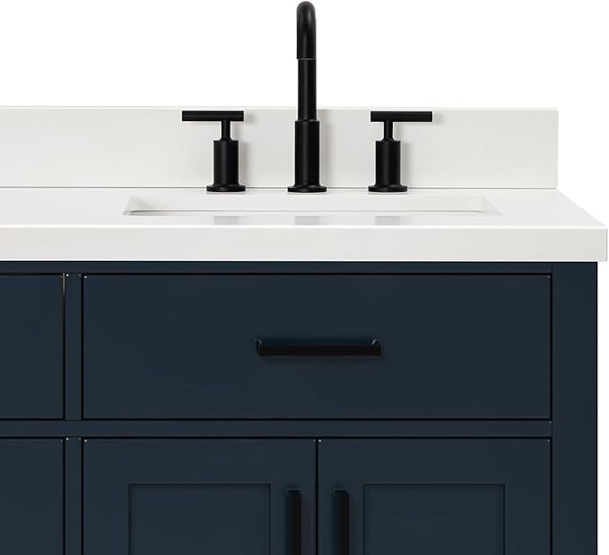 ARIEL Hepburn 66-inch Bathroom Vanity with Sink,Solid Wood, 1.5-inch Pure White Quartz Countertop, Double Rectangular Porcelain Sink, 4 Soft Closing Doors, 6 Dovetail Drawers, Midnight Blue
