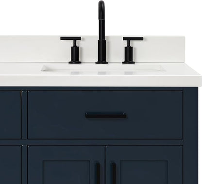 ARIEL Hepburn 66-inch Bathroom Vanity with Sink,Solid Wood, 1.5-inch Pure White Quartz Countertop, Double Rectangular Porcelain Sink, 4 Soft Closing Doors, 6 Dovetail Drawers, Midnight Blue