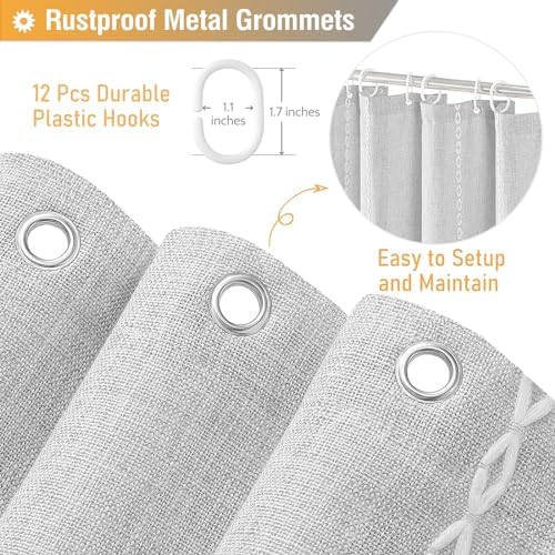 BTTN Grey Boho Farmhouse Linen Heavy Duty Shower Curtain Set, Gray, 72x72