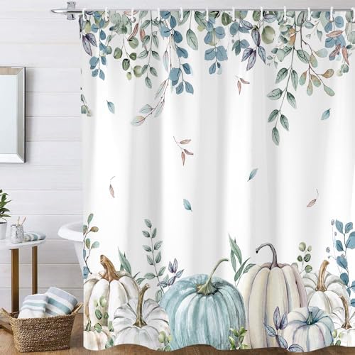 Pumpkin Fall Shower Curtains for Bathroom, Eucalyptus Leaves Watercolor Pumpkins Shower Curtain Sets, Autumn Botanical Seasonal Bathroom Decor Bathtub Waterproof Polyester Fabric with Hooks, 72x72