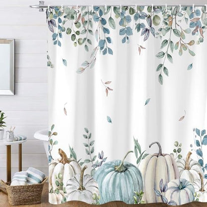 Pumpkin Fall Shower Curtains for Bathroom, Eucalyptus Leaves Watercolor Pumpkins Shower Curtain Sets, Autumn Botanical Seasonal Bathroom Decor Bathtub Waterproof Polyester Fabric with Hooks, 72x72