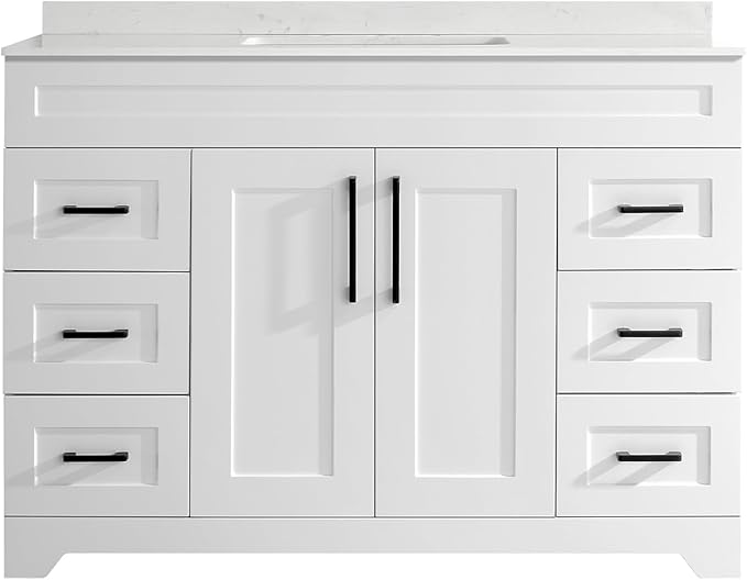 48" Luxurious Bathroom Vanity with White Stone Countertop and Rectangle Sink and Back Splash,2 Soft Closing Doors & 6 Full Extension Drawers (Without Faucet、Pop Up Drain &Mirror)