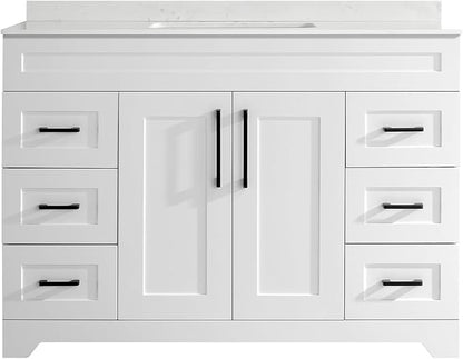 48" Luxurious Bathroom Vanity with White Stone Countertop and Rectangle Sink and Back Splash,2 Soft Closing Doors & 6 Full Extension Drawers (Without Faucet、Pop Up Drain &Mirror)