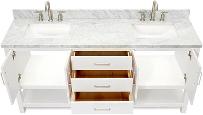 ARIEL Magnolia 72-inch Bathroom Vanity with Sink,Solid Wood, 1.5-inch Italian Carrara Marble Countertop, Double Rectangular Porcelain Sink, 4 Soft Closing Doors, 3 Dovetail Drawers, White