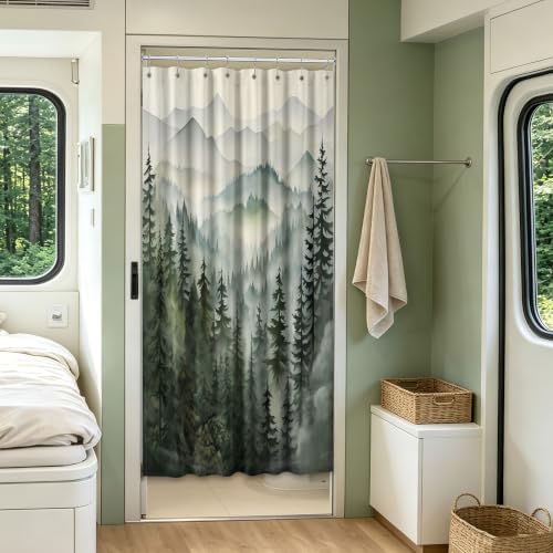 Sage Green Forest Stall Shower Curtain, 47X64 in Narrow Small, Mountain