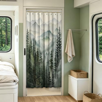 Sage Green Forest Stall Shower Curtain, 47X64 in Narrow Small, Mountain