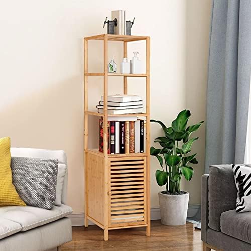Tangkula Bathroom Cabinet, 65 Inch Tall Slim Bathroom Storage Cabinet with Shutter Door and 3 Open Shelves, Narrow Multifunctional Tower Cabinet, Natural Bamboo, 15.5 x 14.5 x 65 Inch