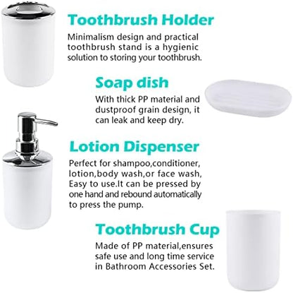 Compact 6-Piece White Plastic Bathroom Accessories Set with Small Trash Can, Soap Dispenser, Toothbrush Holder, Cup, Soap Dish, Toilet Brush for Guest Bathroom Dorm Apartment