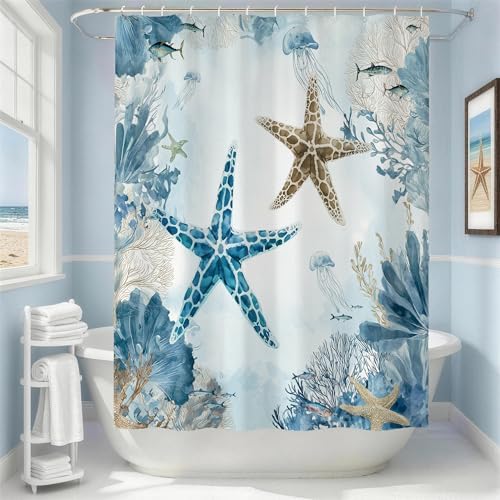 Watercolor Beach Shower Curtain for Bathroom, Ocean Coastal Theme, 72x72 In