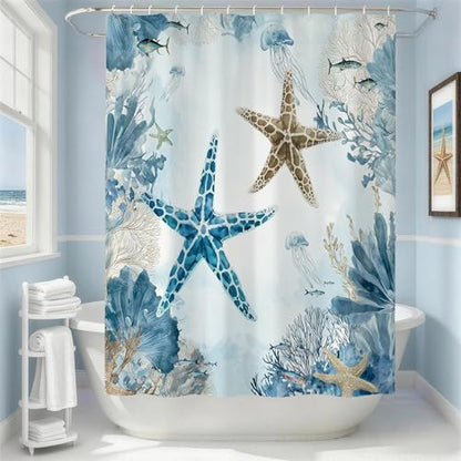 Watercolor Beach Shower Curtain for Bathroom, Ocean Coastal Theme, 72x72 In