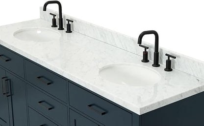 ARIEL Hepburn 72-inch Bathroom Vanity with Sink,Solid Wood, 1.5-inch Italian Carrara Marble Countertop, Double Oval Porcelain Sink, 4 Soft Closing Doors, 6 Dovetail Drawers, Midnight Blue