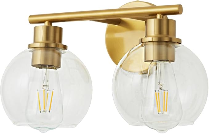 Bathroom Light Fixtures Over Mirror 2-Lights Bathroom Vanity Light with Clear Glass Shade 13.8 inch Gold Wall Sconce Brushed Brass Vanity Lighting Bathroom Light for Bath