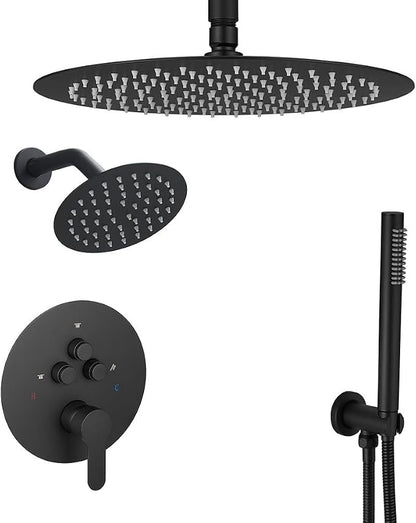 Shower Faucet Set Matte Black 10 Inch Round Ceiling Mount Rainfall Shower System with 2 Rain Shower Head and Handheld Head Push Button Diverter Shower Trim Kit and Rough-in Valve Body
