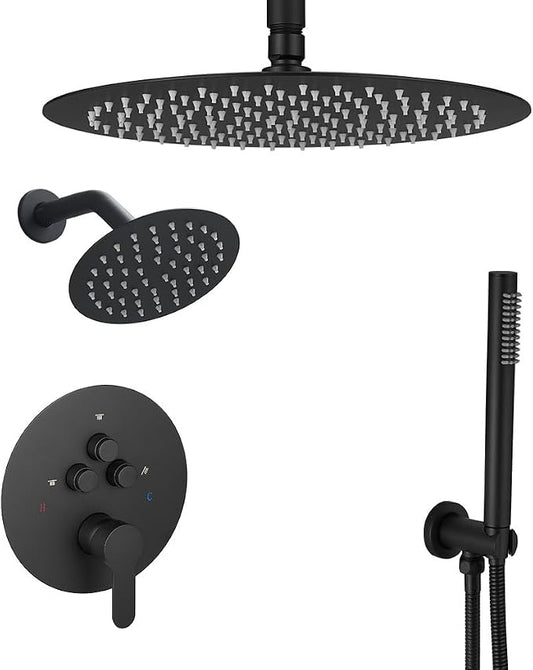 Shower Faucet Set Matte Black 10 Inch Round Ceiling Mount Rainfall Shower System with 2 Rain Shower Head and Handheld Head Push Button Diverter Shower Trim Kit and Rough-in Valve Body