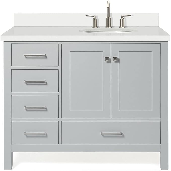 ARIEL Cambridge 42-inch Bathroom Vanity with Sink,Solid Wood, 1.5-inch Pure White Quartz Countertop & Backsplash, Single Oval Porcelain Sink, 2 Soft Closing Doors, 5 Dovetail Drawers, Grey