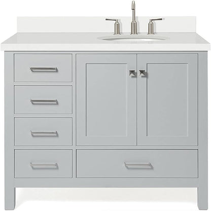 ARIEL Cambridge 42-inch Bathroom Vanity with Sink,Solid Wood, 1.5-inch Pure White Quartz Countertop & Backsplash, Single Oval Porcelain Sink, 2 Soft Closing Doors, 5 Dovetail Drawers, Grey