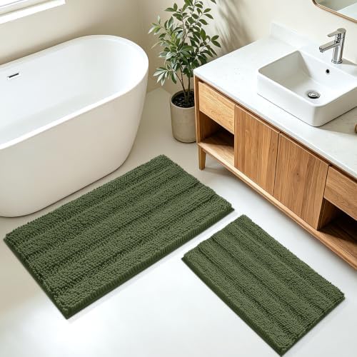 Christmas Striped Olive Green Bathroom Rug Mat Set 2 piece 32"x20"+24"x17" Ultra Soft, Non Slip Chenille Bath Rugs, Absorbent Plush Shaggy Bath Mats for Bathroom, Bedroom, Kitchen, Shower, Tub