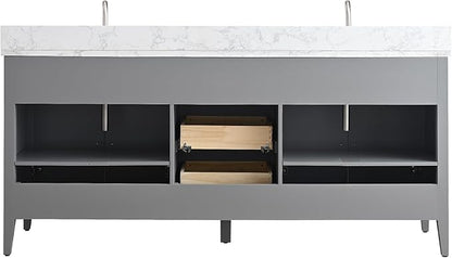Vanity Art 72 inch Bathroom Vanity with Double Sink & Ceramic Top, Vanity Cabinet with Soft-Closing Doors, Drawers, Solid Wood Frame, Cashmere Gray, Matte Black Handware