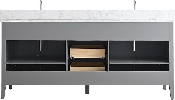 Vanity Art 72 inch Bathroom Vanity with Double Sink & Ceramic Top, Vanity Cabinet with Soft-Closing Doors, Drawers, Solid Wood Frame, Cashmere Gray, Golden Brushed Handware
