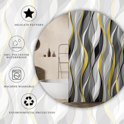 Yellow and Grey Shower Curtain for Bathroom Yellow and Black Shower Curtain Fabric Modern Abstract Striped Minimalist Bath Curtains Waterproof Shower Curtains Set, Black Gray Yellow, 72 x 72 Inch