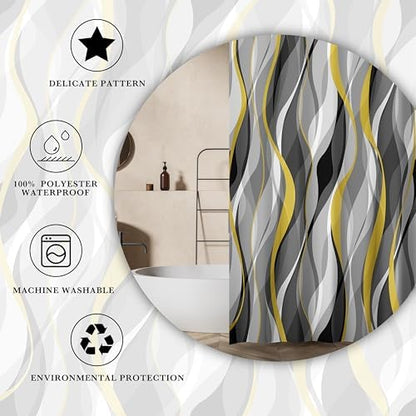 Yellow and Grey Shower Curtain for Bathroom Yellow and Black Shower Curtain Fabric Modern Abstract Striped Minimalist Bath Curtains Waterproof Shower Curtains Set, Black Gray Yellow, 72 x 72 Inch
