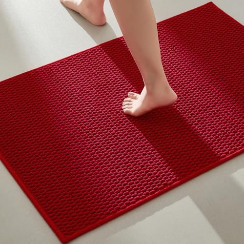 TYUU Christmas Bathroom Rugs Non Slip Washable, Super Absorbent Thin Bath Mat Quick Dry Low Pile Bathroom Rug, Red 24"x36"