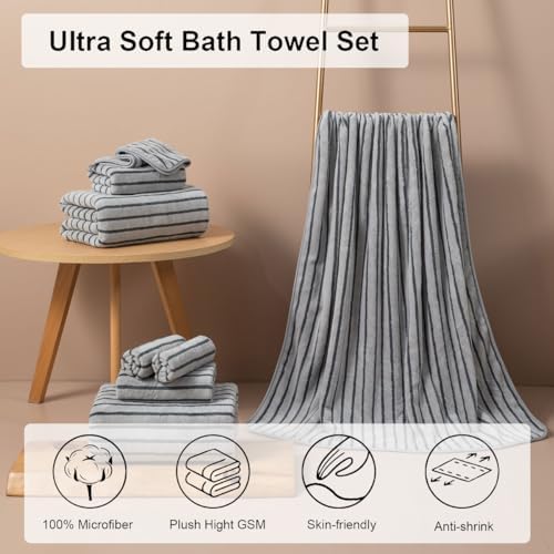 4 Piece Grey Cabana Stripe Large Bath Towels Oversized Bath Sheet Super Soft Breathable Jumbo Bathroom Towels Highly Absorbent Shower Towel Quick Dry Beach Chair Towel Spa Gym Hotel Towel Set