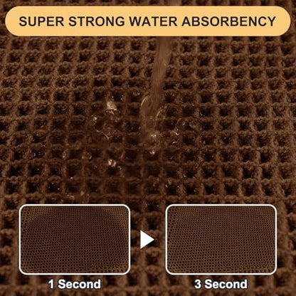 Waffle Bath Mat Set 2 Piece, Boho Woven Modern Bath Rug Absorbent Non Slip, Ultra Soft Bathroom Mats, Machine Washable Knit Bath Rugs with Border for Bathroom, Bedroom, Kitchen, Shower, Tub, Brown