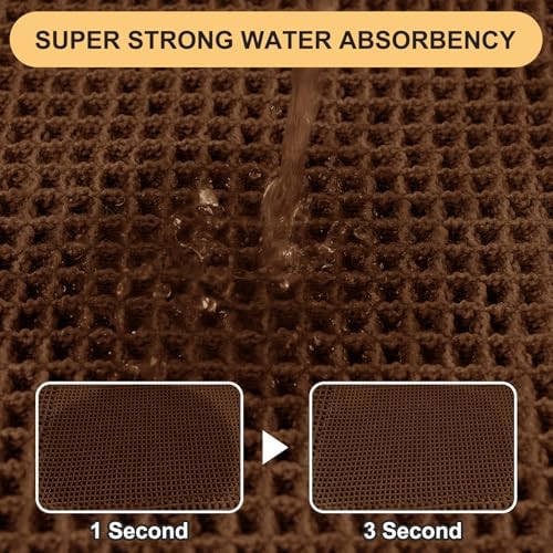 Waffle Bath Mat Set 2 Piece, Boho Woven Modern Bath Rug Absorbent Non Slip, Ultra Soft Bathroom Mats, Machine Washable Knit Bath Rugs with Herringbones for Bathroom, Bedroom, Kitchen, Shower, Brown