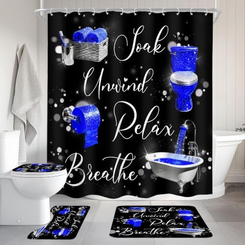Blue Fashion Funny Quotes Modern 4Pcs Bathroom Shower Curtain Set with Rugs