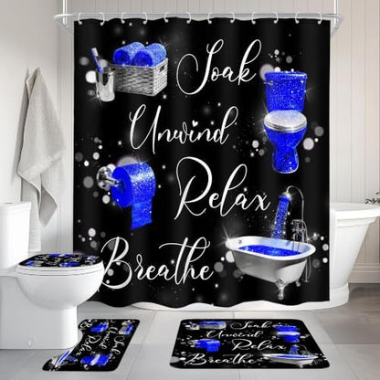 Blue Fashion Funny Quotes Modern 4Pcs Bathroom Shower Curtain Set with Rugs