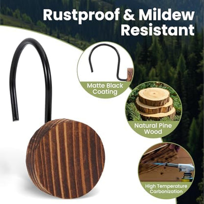 Wood Shower Curtain Hooks Rust Proof, Boho Shower Curtain Hooks Decorative, 24 Pack Shower Hooks for Shower Curtain, Shower Curtain Hangers Hooks (Brown,24)