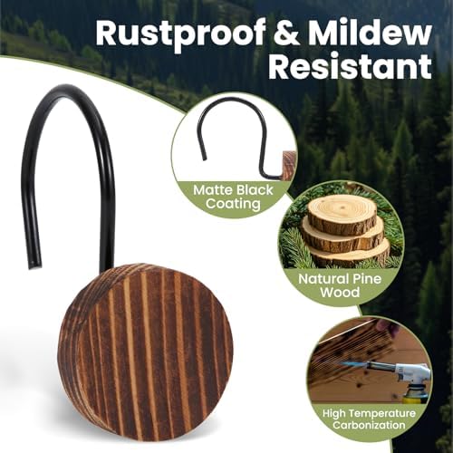 Wood Shower Curtain Hooks Rust Proof, Boho Shower Curtain Hooks Decorative, 12 Pack Shower Hooks for Shower Curtain, Shower Curtain Hangers Hooks (Brown, 12)