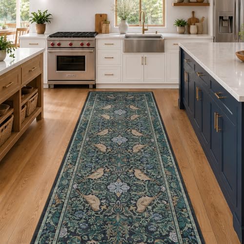 Washable 2x8 Extra Long Runners for Large Kitchen - Blue and Green Long Runner Rugs for Hallway Rugs for Entryway, Vintage Bird Low Pile Kitchen Floor Mats, Nature Leaf & Non-Slip