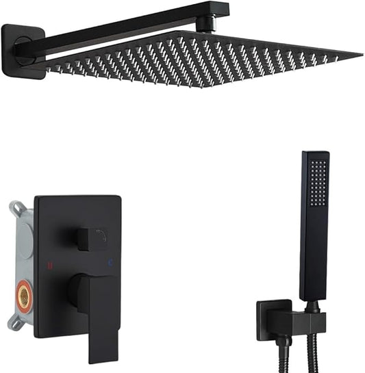 Matte Black Shower System 16 Inch Bathroom Luxury Rain Mixer Shower Combo Set Wall Mounted Rainfall Shower Head and Handheld System Shower Faucet Set Rough-in Valve Body and Trim Kit