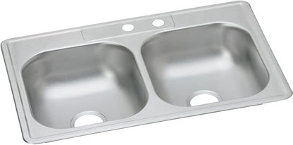 Dayton Stainless Steel 33" x 21-1/4" x 6-9/16", MR2-Hole Equal Double Bowl Drop-in Sink