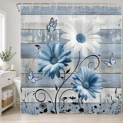 Farmhouse Blue Floral Shower Curtain, Retro Wood, 72W X 72L inches