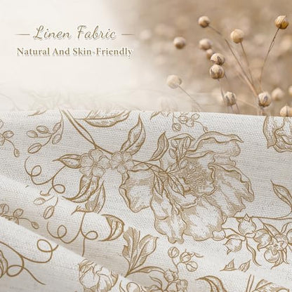 Brown Boho Linen Fabric Shower Curtain , Farmhouse Floral For Bathroom