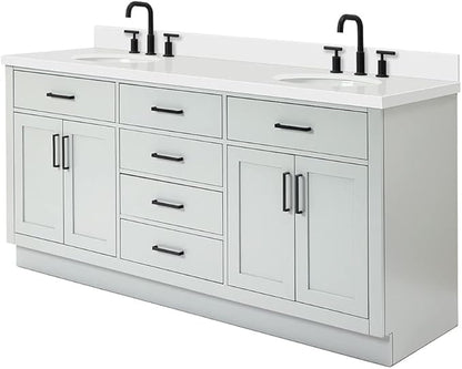 ARIEL Hepburn 72-inch Bathroom Vanity with Sink,Solid Wood, 1.5-inch Pure White Quartz Countertop & Backsplash, Double Oval Porcelain Sink, 4 Soft Closing Doors, 6 Dovetail Drawers, Grey
