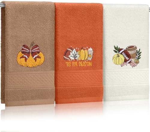 FuWeave 3 Pcs Orange Brown Fall Football Hand Towels for Bathroom