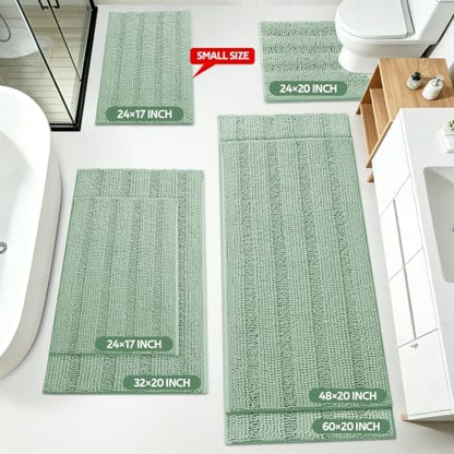 Christmas Striped Sage Green Bathroom Rug Mat Set 2 piece 24"x17"+48"x20" Ultra Soft, Non Slip Chenille Bath Rugs, Absorbent Plush Shaggy Bath Mats for Bathroom, Bedroom, Kitchen, Shower, Tub