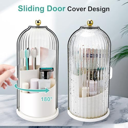 QIYVLOS Toothbrush Holders with Sliding Lid, Rotating 3 Slots Bathroom Organizer Countertop, Tooth Brush Toothpaste Holder Bathroom Counter Stand Sink Organizer Caddy for Vanity Makeup Brushes Holder