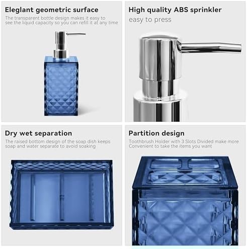 4 PCS Blue Bathroom Accessory Set,Plastic Bathroom Accessories Sets